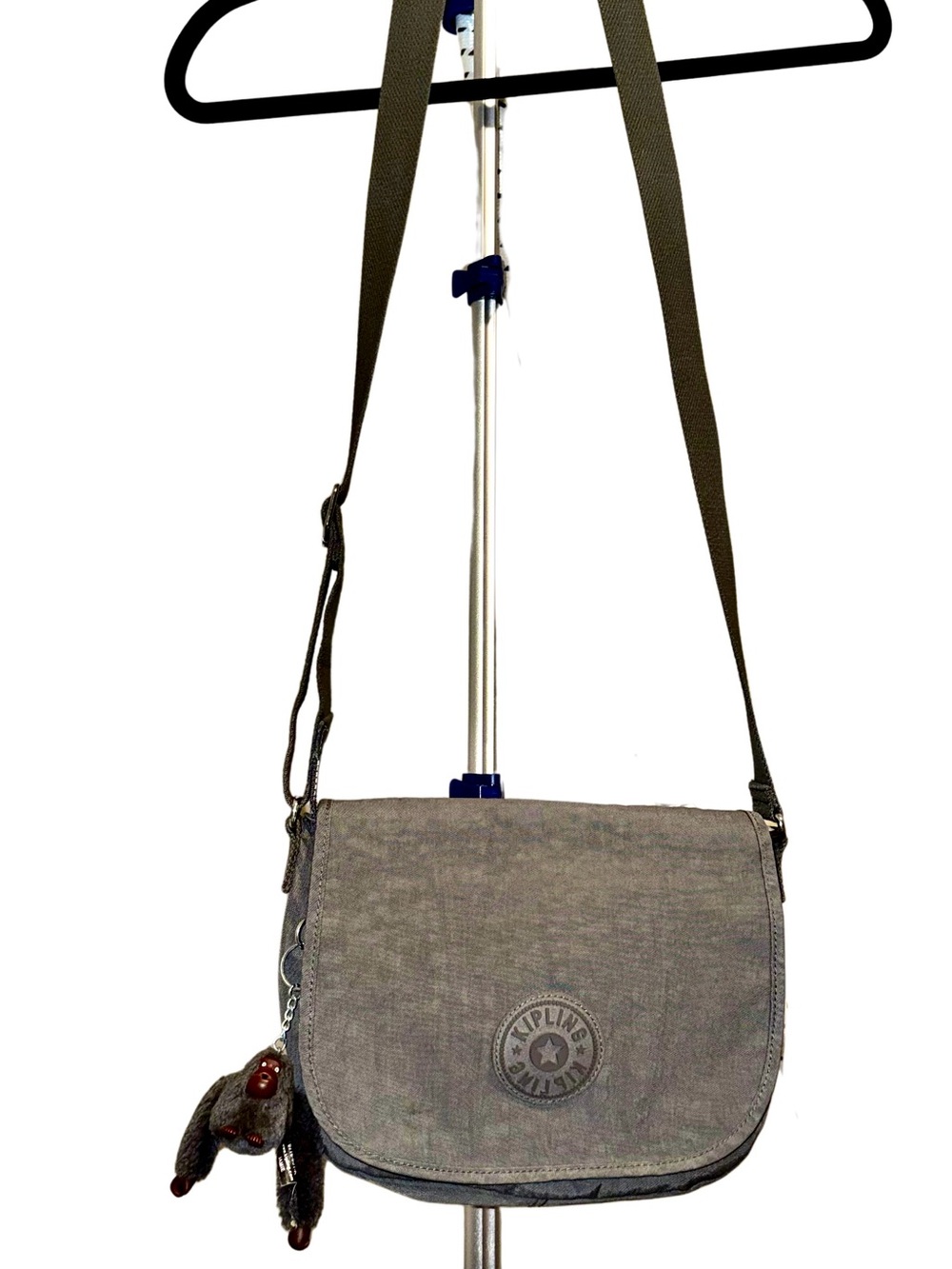 Kipling Gray Crossbody Bag with Monkey Charm Small Stain On Back Medium Size